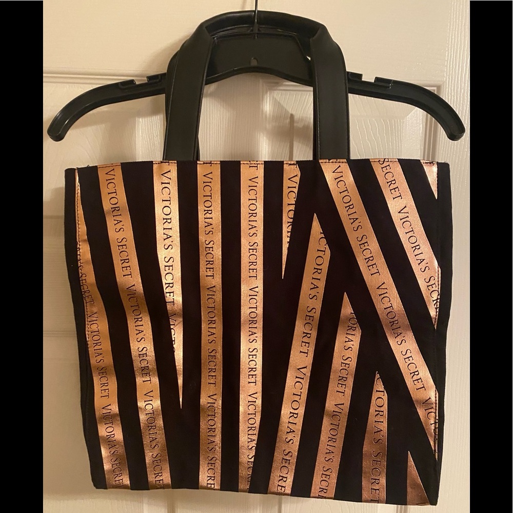 New Victoria Secret Bombshell Tote Bag Metallic Rose Gold Black Ribbon Striped